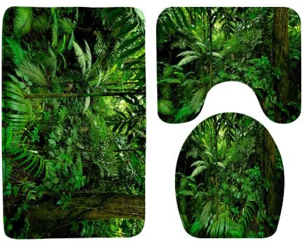 Wc Vorleger Set 3 Teilig Tropischer Regengrüner Baum Pflanze Urzeitlicher Country Park Naturlandschaft U-Förmiger Teppich Badteppich-Set 3-Teilig Weiches Badvorleger Toilettensitz Dreiteiliges