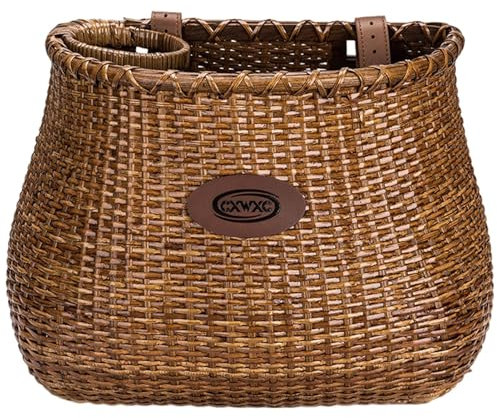 Panier de rangement en rotin – Panier de vélo de grande capacité, panier de rangement intégré porte-gobelet avec mousqueton réglable en cuir