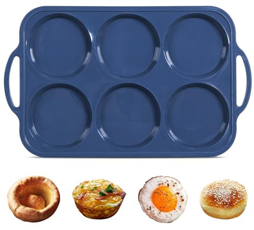 Highkit 10cm Giant Silicone Yorkshire Pudding Tray with Metal Handles,6 Cup Non Stick Jumbo Silicon Yorkshire Pudding Tin,Large Muffin Top Moulds for Baking Pan,Oven,Egg Bites,Whoopie Pie,Tart, Grey