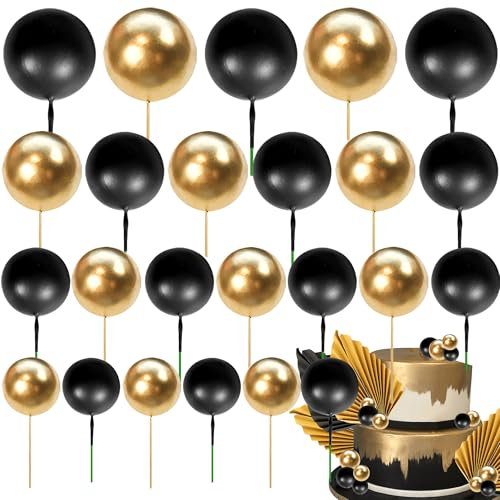 Xsstarmi 30 Pack Mini Balloon Cake Topper Mix Size Black Gold Balls Cake Pick Decorations Faux Balls DIY Cake Insert Decorations for Baby Shower Wedding Bridal Shower Birthday Party Cake Decorations