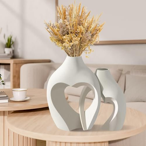 White Ceramic Vases for Decor, Heart Shaped Flower Vase Set of 2, Boho Style Decorative Ceramic Vase for Home, Living Room, Office, House Decoration, Table Centerpiece, Wedding