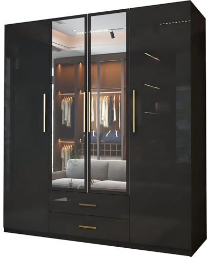 MN Furniture Swiss High Gloss 4 Door Mirror Wardrobe with Drawers & Shelves (Black)