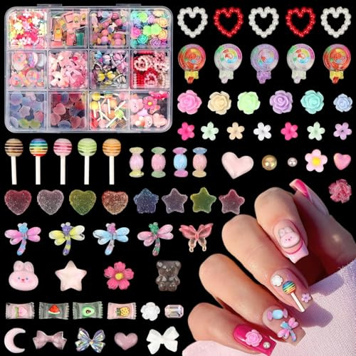 MOTIBACK 3D Nagelschmuck Set, Vielfältige Motive (Bonbons, Herzen, Blumen), Mit Aufbewahrungstüte, Für DIY Nagelkunst und Kosmetik, Passend für Frauen und Teenager