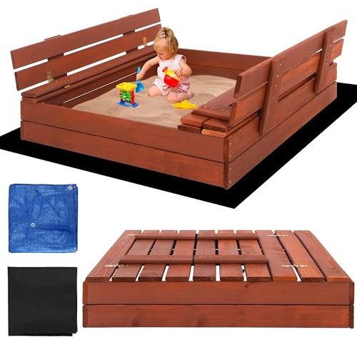Bac à sable en bois écrasé - 100 x 100 cm - Pliable - Avec bancs - En bois écologique - Certificat CE - Avec non-tissé et bâche Springos