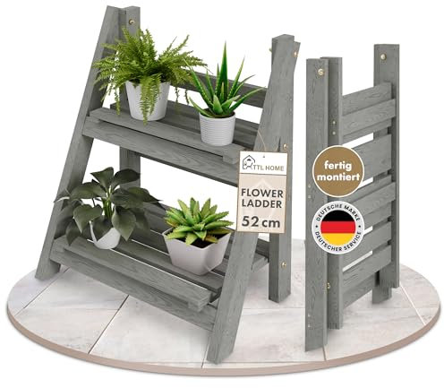 TTL Home - Scala per fiori, 52 x 41 x 24 cm, grigio chiaro, 2 livelli, decorativa e resistente alle intemperie, in legno massiccio, per appartamenti, balconi, terrazze, esterni e interni