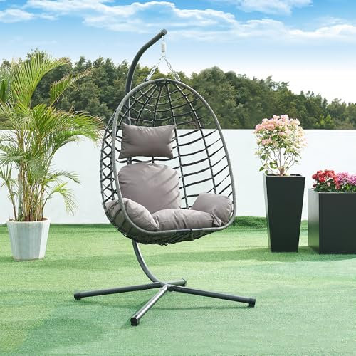 [en.casa] Hängesessel mit Gestell Kandsvas Outdoor Schaukelsessel für 1 Person mit Kissen max. 100 kg Balkon Indoor Hängeschaukel Polyrattan Hängestuhl Grau