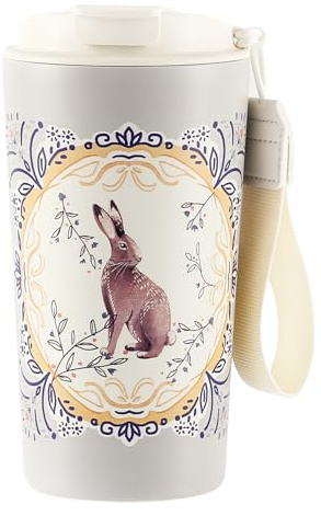 Animal Print Insulated Travel Mug 500ml, Ceramic‑Lined Stainless Steel Coffee Cup, Leakproof Lid with Sip Spout & Straw, Anti‑Slip Base, Carry Lanyard, Hot Cold Reusable Cup,Hare