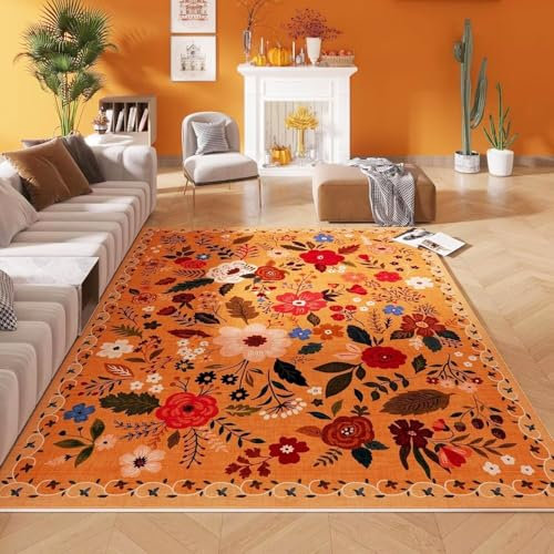 MJGFD Bettvorleger Innen Orange, 100x150cm Vintage Kleiner Teppich Blumen Boho, Waschbare Teppiche rutschfest, Weicher rutschfest Kurzflor Teppich Wohnzimmer für Flur, Eingang, Schlafzimmer, Küche