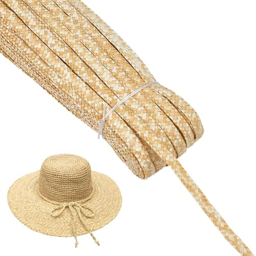 PH PandaHall 50m Wheat Straw Braided Material for Hat Making, 9-11.5mm Wide Handwoven Natural Straw Braiding Lace Trim Rustic Sewing Ribbon for Hat, Basket, Bag, Vase, DIY Craft