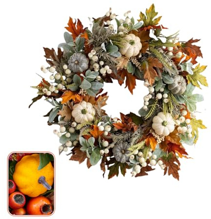 Herbst-Kürbiskranz für Haustür, Ernte-Kranz mit Ahornblättern, Tannenzapfen und Beeren, 3 Stile für Halloween, Thanksgiving, Innen- und Außenbereich, saisonale Dekoration, 35/40/45 cm, Beige Kürbis
