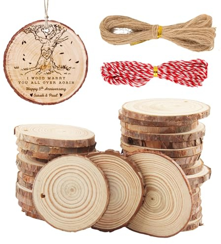 Vaskula Rondelles Bois Naturel Brut 50 Pcs Plaque En Bois Rond avec 2 Cordes Écorce Trou Rondin de Bois Deco pour Artisanat Decoration Mariage Peinture Etiquettes Decoration Noel Bois