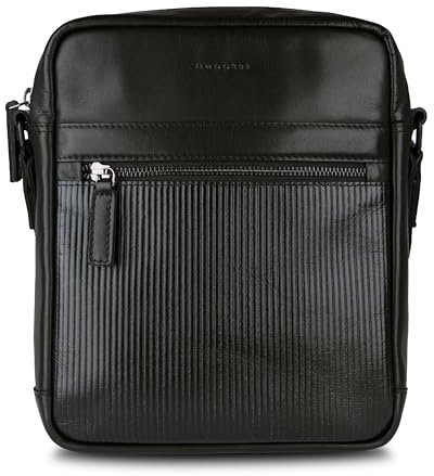 bugatti Joel Schultertasche L aus Rindleder mit Plissee-Struktur, Crossbody-Tasche, schwarz
