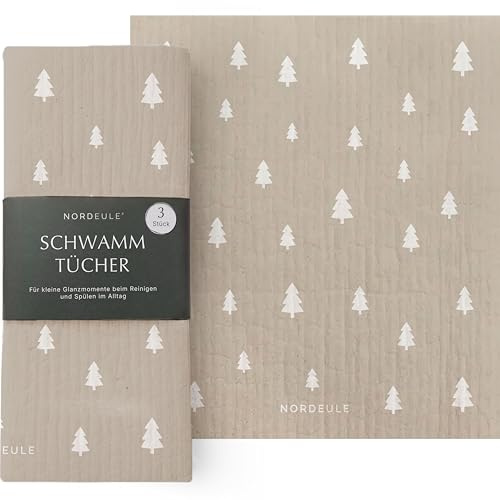 NORDEULE® Schwammtücher Weihnachten 3 STÜCK | Reinigungstücher im nordischen Design | für Glanzmomente im Alltag oder als Geschenk zu Weihnachten Wichteln (Tanne)