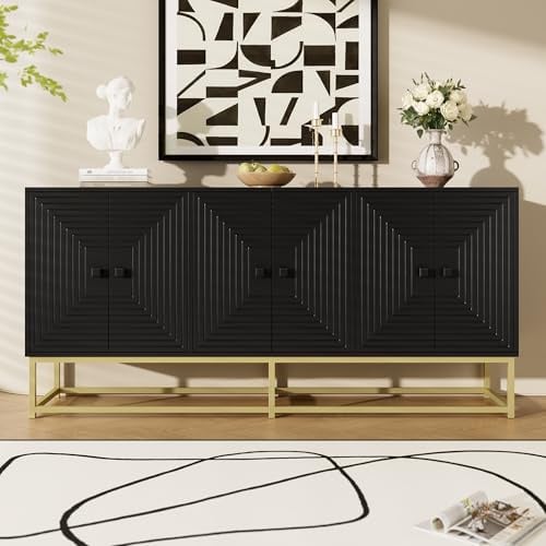 FammyLoft Sideboard-Schrank mit Großer Stauraum und 3 Doppeltüren, Wohnzimmerschränke mit Goldene Tischbeine, Aufbewahrungsschrank für Wohnzimmer, Esszimmer & Flur, 160 * 38 * 75,5cm, Schwarz