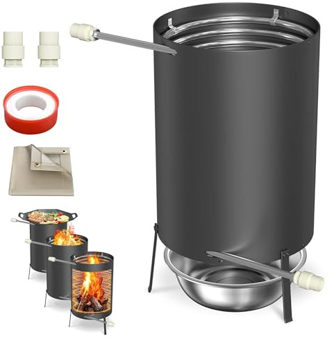 Aufun Brennholz Poolheizung Feuertonne mit Feuer Edelstahl Schwimmbadheizung mit Ø 32-38 mm Anschlüsse und Eingebaute Spiralerohr Poolofen Heizungen mit Feuerfestmatten und Tablett (Schwarz, 1 Stück)