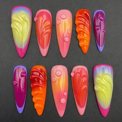 Neon Sunset Pink Press On Nails - Almond Shaped Iridescent Glossy Finish with 3D Swirl & Bubble Details for Women, 24 Vibrant Gradient Colour-Block Editorial Design for Parties & Special Occasions
