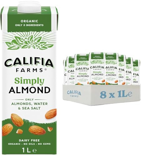Califia Farms Simple and Organic Almond - Lactose Free, Dairy Free, No Added Sugar, Vegan, Free From Plant Based Drinks (8 x 1L)