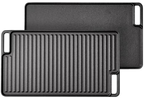 Thrink Cast Iron Reversible Griddle Plate 45.7cm, Double Sided Grill & Flat Top Pan, Pre-Seasoned Non-Stick Cooking Surface, Heavy Duty Heat Retention, Suitable for Induction Gas Electric Hob, Oven