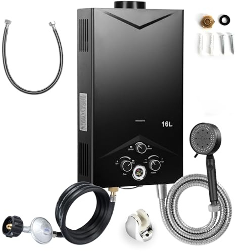 Chauffe-eau sans réservoir 4,21 GPM 16 L, chauffe-eau à gaz portable d'extérieur, système de douche au propane à affichage numérique, chauffe-eau à température constante rapide, 68 000 BTU (Noir)