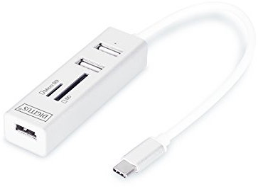 DIGITUS USB 2.0 Typ-C 3-Port Hub mit Kartenleser, 1x MicroSD Port, Weiß, 81x23x16mm