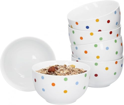 Van Well Capri 6er Set Müslischalen aus Porzellan, 13 cm, weiß mit Dekor, spülmaschinengeeignet & mikrowellengeeignet