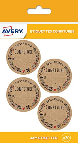 AVERY - 20 Étiquettes Rondes Kraft Confitures Fait Maison Inscriptibles - Adhésif Sans Solvant pour Usage Alimentaire - Format Ø 47 mm