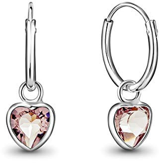 DTPsilver® KLEINE Creolen Ohrringe 925 Sterling Silber mit Kristall Herz - Mädchen - Dicke 1.2 mm - Durchmesser 12 mm - Farbe : leichter Amethyst