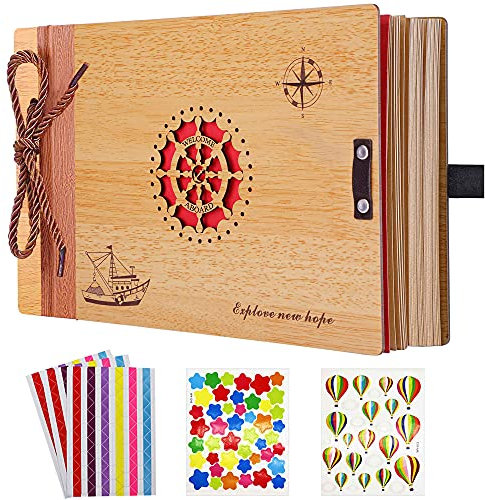 Holz Scrapbook Album DIY Holz Fotoalbum Reisealbum Unser Abenteuer Buch Scrapbook Supplies, Memory Photo Book Vintage Scrape Book Album, Ruder Reise Scrapbook 80 Seiten, mit 5 Aufklebern