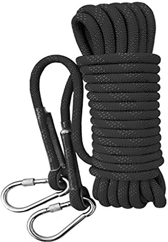 QHY 12MM Corde D’Escalade en Rappel Auxiliaire en Polyester/NylonCharge Corde De Survie À Usages Multiples Et Ultra-résistante avec Mousqueton À Verrouillage (Color : Black, Size : 10m*12mm)