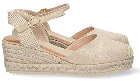 shoes&blues.es 66429-Sandalia de Cuna para Mujer, Forrado de Yute, Pala Cerrada, y Cierre de Hebilla, Primavera Verano 2022. Talla 40 Oro