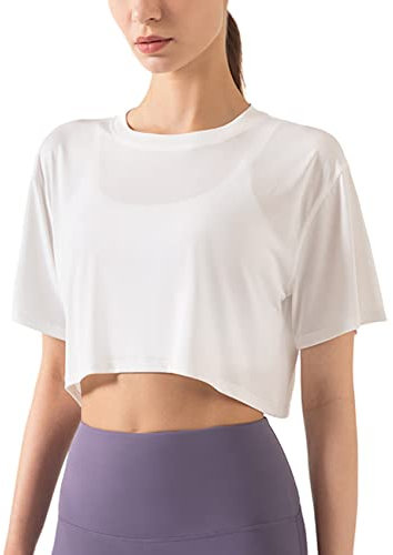 Damen Fitness Trainieren Crop-Tops Kurzarm Yoga T-Shirts Sportlich Betrieb Sport-Shirts Weiß M