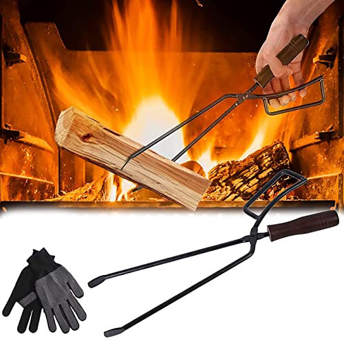 Kaminzange, 40cm Schwerlast Kaminholzzange Feuerholzzange kaminzubehör Kaminbesteck Anti-Verbrühung Lange Brennholzzange Kaminzange Feuerholzzange für Lagerfeuer und Kaminöfen mit Paar Handschuhe