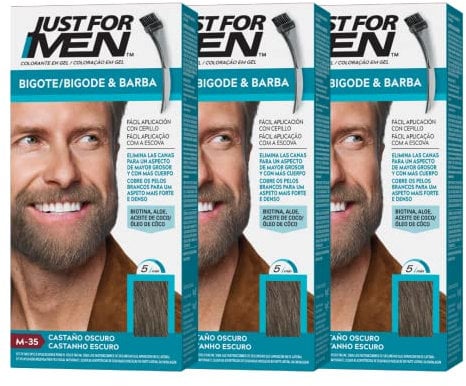 Just For Men Tinte Para Bigote Y Barba, Elimina Las Canas Para Una Apariencia Más Espesa Y Completa, Con Pincel Aplicador Incluido, Color Castaño Oscuro, M35 (3 Pack)