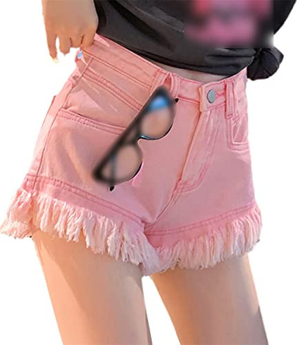 JNKIHAPOT Short en jean taille haute avec pompons pour femme, rose, M