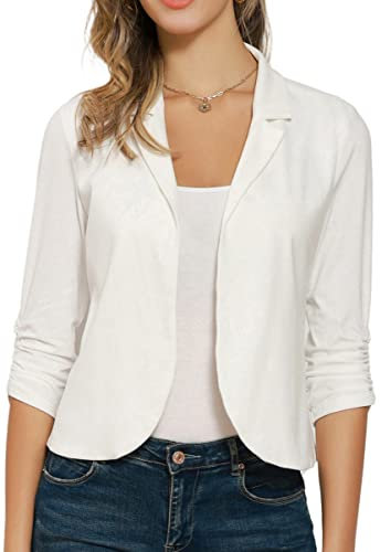 GRACE KARIN Women Smart Casual Blazer Jacket 3/4 Ruched Sleeve Open Front Cardigan Ivory White L