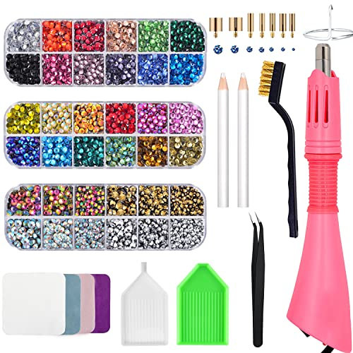 Bedazzler Kit mit Strass, Hot Fixed Edelstein Handwerk Applicator für Diamant Malerei Stift, Wachsstift, Pinzette, Tablett, Reinigungsbürste Tuch, 28 Farben Strass Kristalle für DIY Kleidung Schuhe