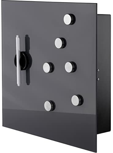 bonsport Schlüsselkasten modern mit Glas Magnettafel - Memoboard magnetisch mit 6 Magneten und Stift - Schlüsselschrank groß mit 20 Haken 33x33x6,8cm anthrazit