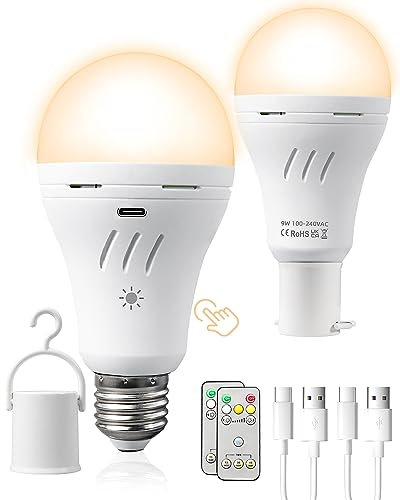 Gaaqii Bombilla Recargable USB-C, 2 pieza E27 7W Multifunción Luz de Emergencia de 2600mAh, Bombilla LED Regulable con Mando y Ajuste Táctil, 3 Temperaturas de Color (3000/4000/6000K)