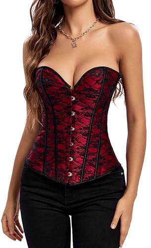 Kelvry Korsett für Damen, Gothic, Schnürung, Überbrust-Bustier, Brokat, Korsett, Dessous, Übergröße 34-52, Rot-2, 12-14