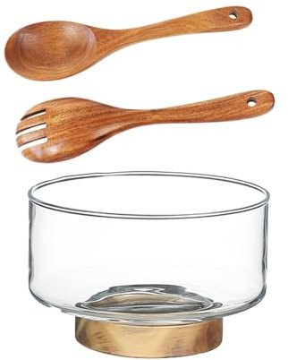 JINYUE Large Glass Salad Bowl Set - Salad Serving Bowl with Acacia Wood Base and Salad Hands Serving Bowls for Parties, Christmas, Thanksgiving for Salads, Fruit, Pasta, Etc (Small)