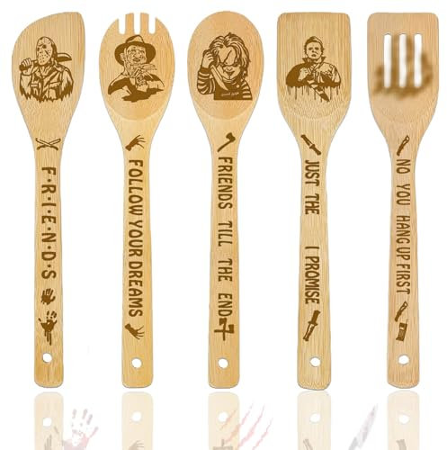 Horror Movie Merchandise Christmas Gifts Wooden Spoons for Cooking, Bamboo Kitchen Set 5 Pack for Movie Fans Lover Women Mom Kitchens Accessories Holiday Decor Party Halloween Decorations
