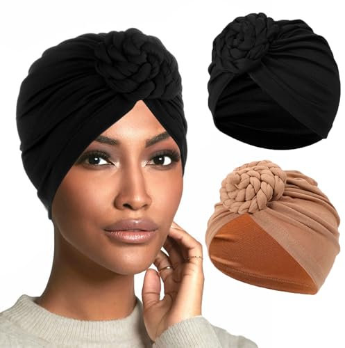 XEPST 2 Stücke Turban Damen Chemo Hüte, Chemotherapie Krebs Hut Vorgebunden Beanie Chemo Kopfbedeckung Plissee Mütze Weich Turban Kopfwickel Kappe Haarausfall Hut für Damen