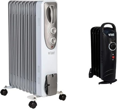 Russell Hobbs 2000W/2KW Oil Filled Radiator, 9 Fin Portable Electric Heater - White & 650W Oil Filled Radiator, 5 Fin Portable Electric Heater - Black