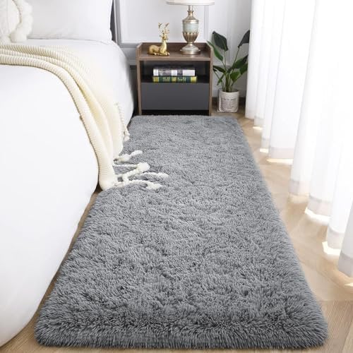 Oxford Homeware Teppiche Wohnzimmer Flauschige Graue Fläche Teppiche für Schlafzimmer Flur Läufer Teppich 60 x 220 cm rutschfest - Modern Weich Bettvorleger Waschbar Bodenteppiche