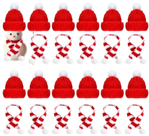 24 Stücke Mini Weihnachtsmütze und Schal Set, Mini-Strickmütze des Weihnachten Lutscherhut, Weinflasche Abdeckung Dekoration Hut mit Schal für Tischdekoration Schneemann Geschenk Dekoration (Rot)