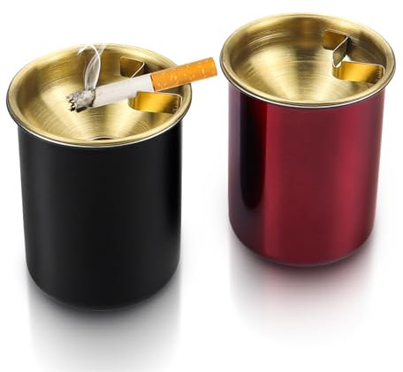 2 Pcs Stainless Steel Ashtray, Portable Car Ashtray Metal Windproof Smokeless Ash Tray for Indoor Outdoor, Detachable Extinguished Butt Bucket Ash Tray for Home Office Patio Tabletop (Dark Red, Black)