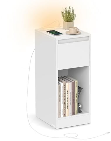 VASAGLE Nachttisch, schmal, Beistelltisch, LED-Beleuchtung, 1 USB-A-Anschluss, 1 USB-C-Anschluss, Schublade, offenes Fach, für Schlafzimmer, Wohnzimmer, wolkenweiß LET610W01