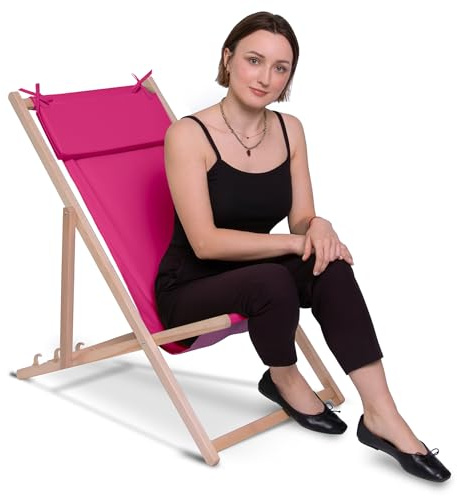 DreamRoots Bain de Soleil Transat Bois avec Appuie-tête, Rose | Chaise longue balcon, chilienne pliable 3 positions, chaise de plage, bois de hêtre, 130 kg, polyester 220 g/m²