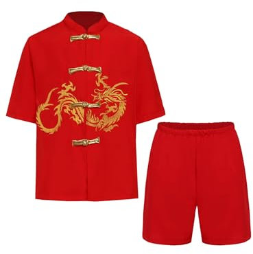 Hansber Enfants Garçons Costumes Traditionnels Tang Style Chinois Boutonnés Manches Courtes T Shirts Avec Pantalons Rouge E 11-12 ans