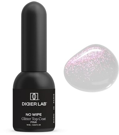 DIDIER LAB Glitter Top Coat Gel Polish Pink - Clear No Wipe Gel Top with Sparkling Pink Particles - HEMA TPO free - Long Lasting Glossy Sparkly Finish - Scratch and Chip Resistant - UV LED 10 ml
